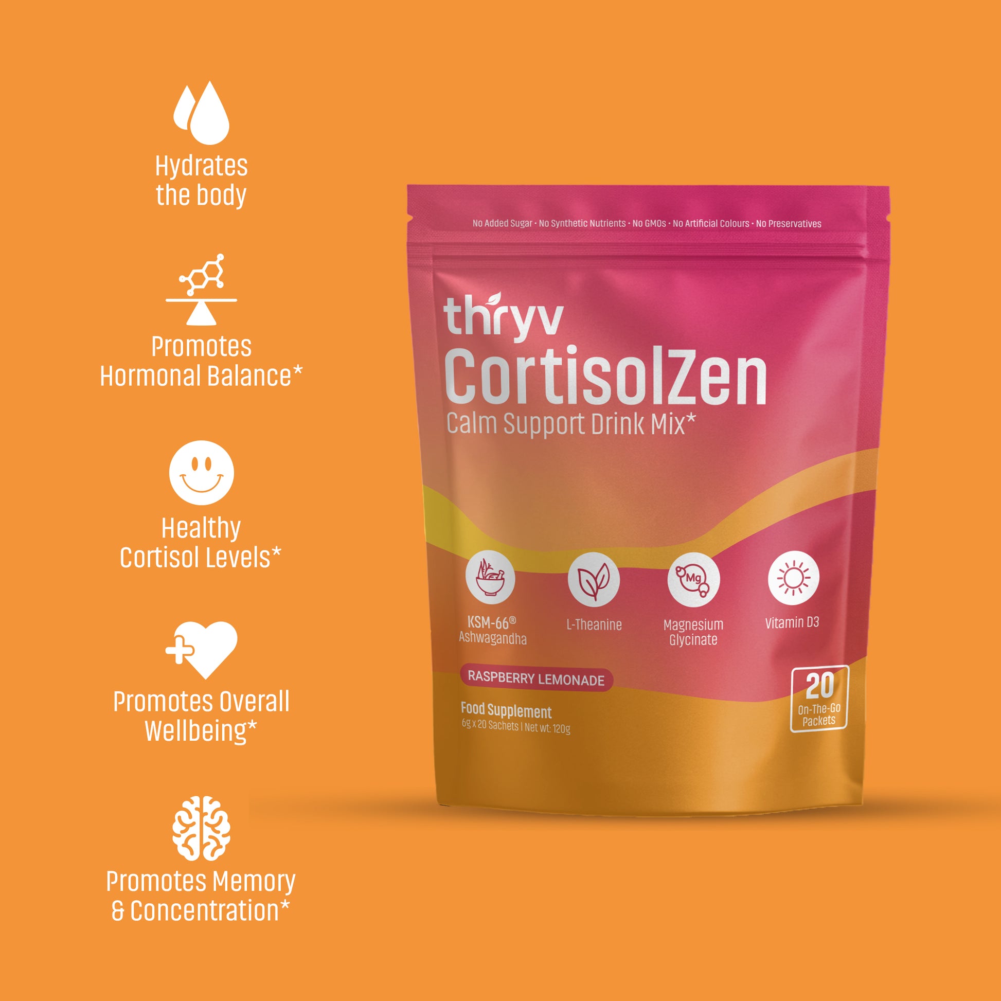 thryv CortisolZen Calm Support Drink Mix package on an orange background with product benefits listed.